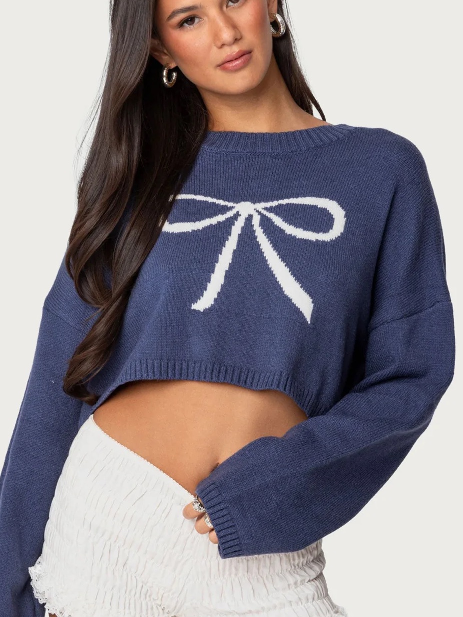 Edikted Navy Crop Sweater With White Bow